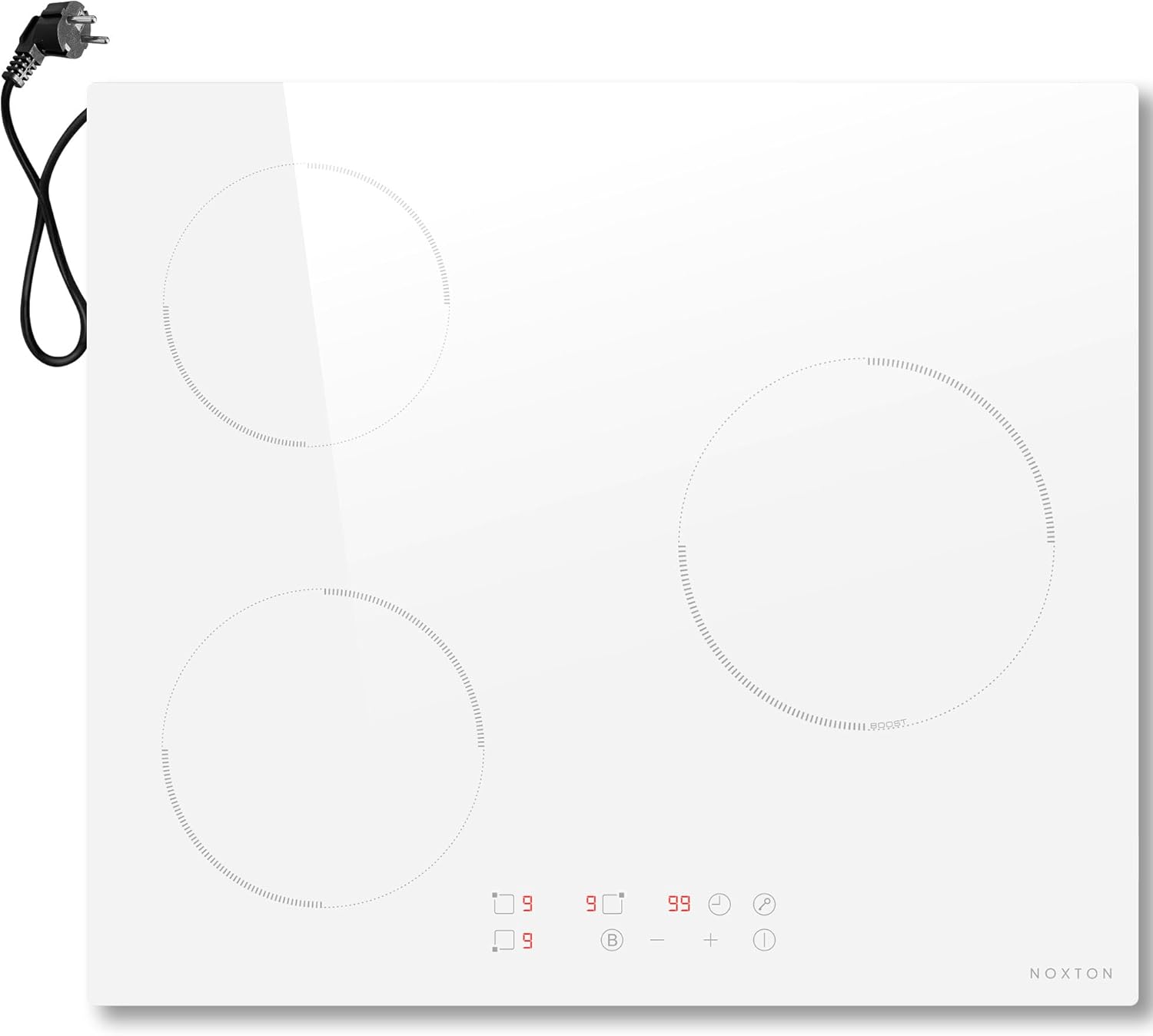 NOXTON Plaque à induction, 3 plaques blanche, 60 cm, encastrable avec commande tactile, booster, minuterie, sécurité enfant, 220 V-240 V, 3500 W, avec prise(Blanc)