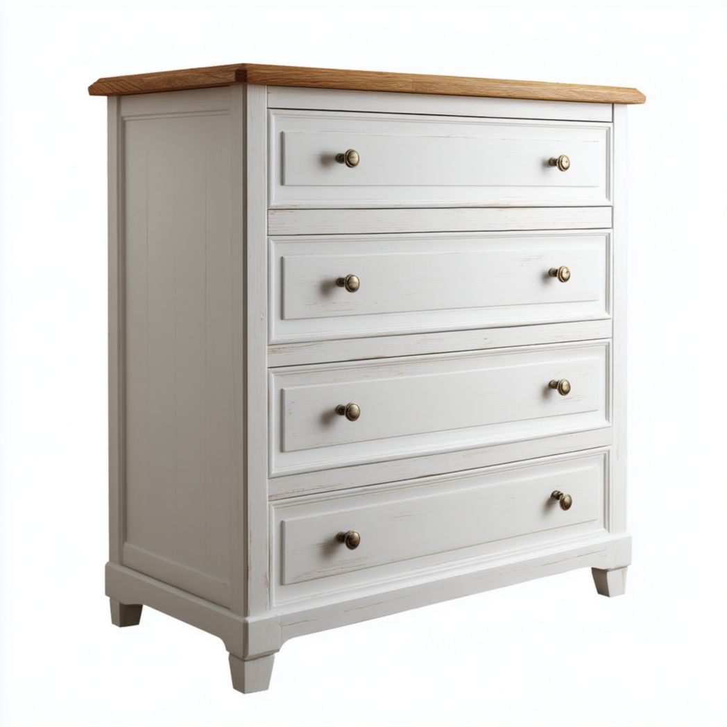 Commode 4 tiroirs en pin massif blanc avec plateau en chêne