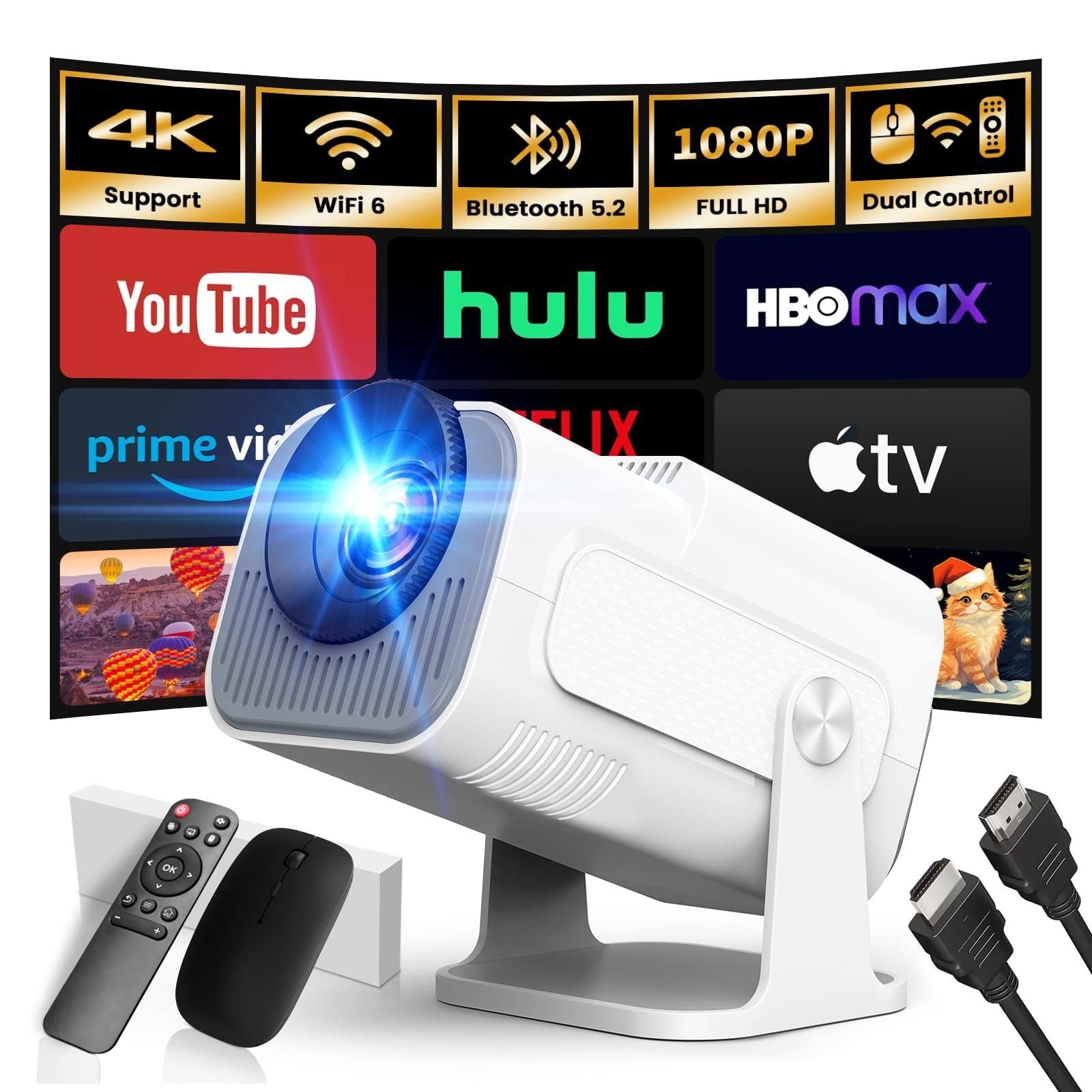 [App intégrée] 2025 Upgraded Vidéoprojecteur 1920 * 1080P FHD 4K Mini Projecteur Portable Dual Contrôle avec Souris Android TV WiFi 6 BT5.2 180°(Blanc/Noir)
