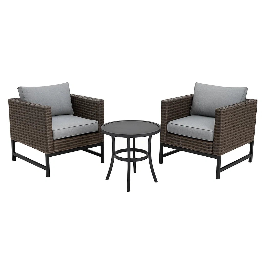 Ensemble de mobilier de jardin en rotin marron avec coussins gris et table ronde en verre(Marron/Gris)