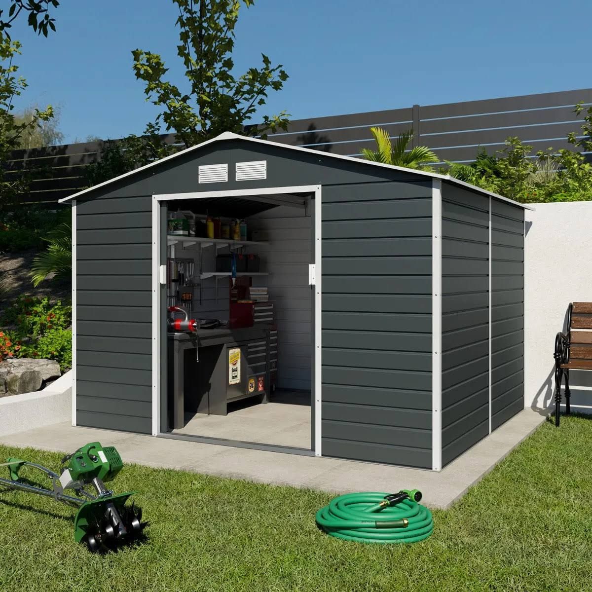trigano Abri de jardin métal gris 6,5 m2 + kit d'ancrage(Gris/Blanc)