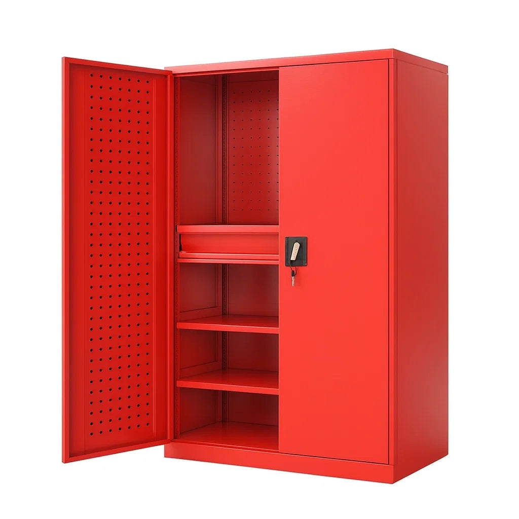 Armoire à outils de rangement en métal rouge avec portes battantes et étagères réglables(Rouge)