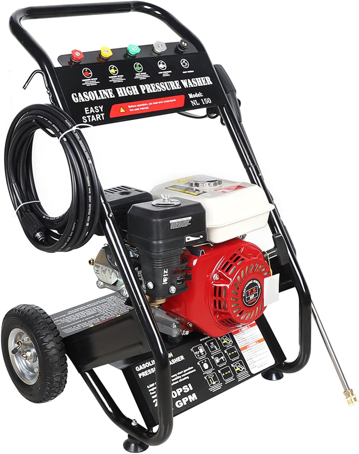 Nettoyeur haute pression thermique à essence 200 bar moteur 4 temps 7,5 HP avec tuyau 10 m et 5 buses(Noir/Rouge/Blanc)
