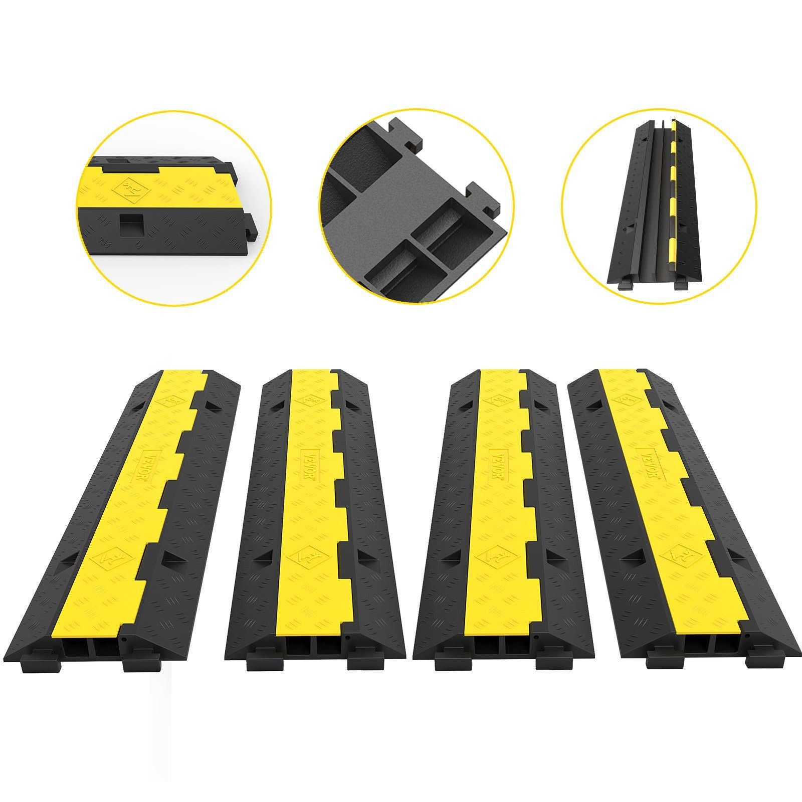 4PCS Rampe de Protection Cable VEVOR 2 Canaux Passage de Cable au Sol Caoutchouc Pvc Passe Cable Ralentisseur pour Maïs on Bureau Terrains de Jeux(Noir/Jaune)