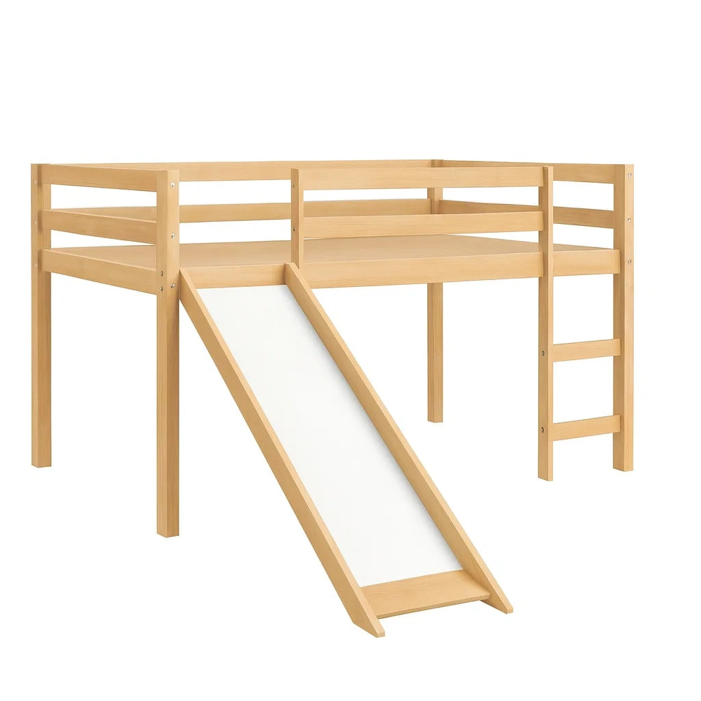 Lit mezzanine enfant en bois avec toboggan(Naturel/Blanc)