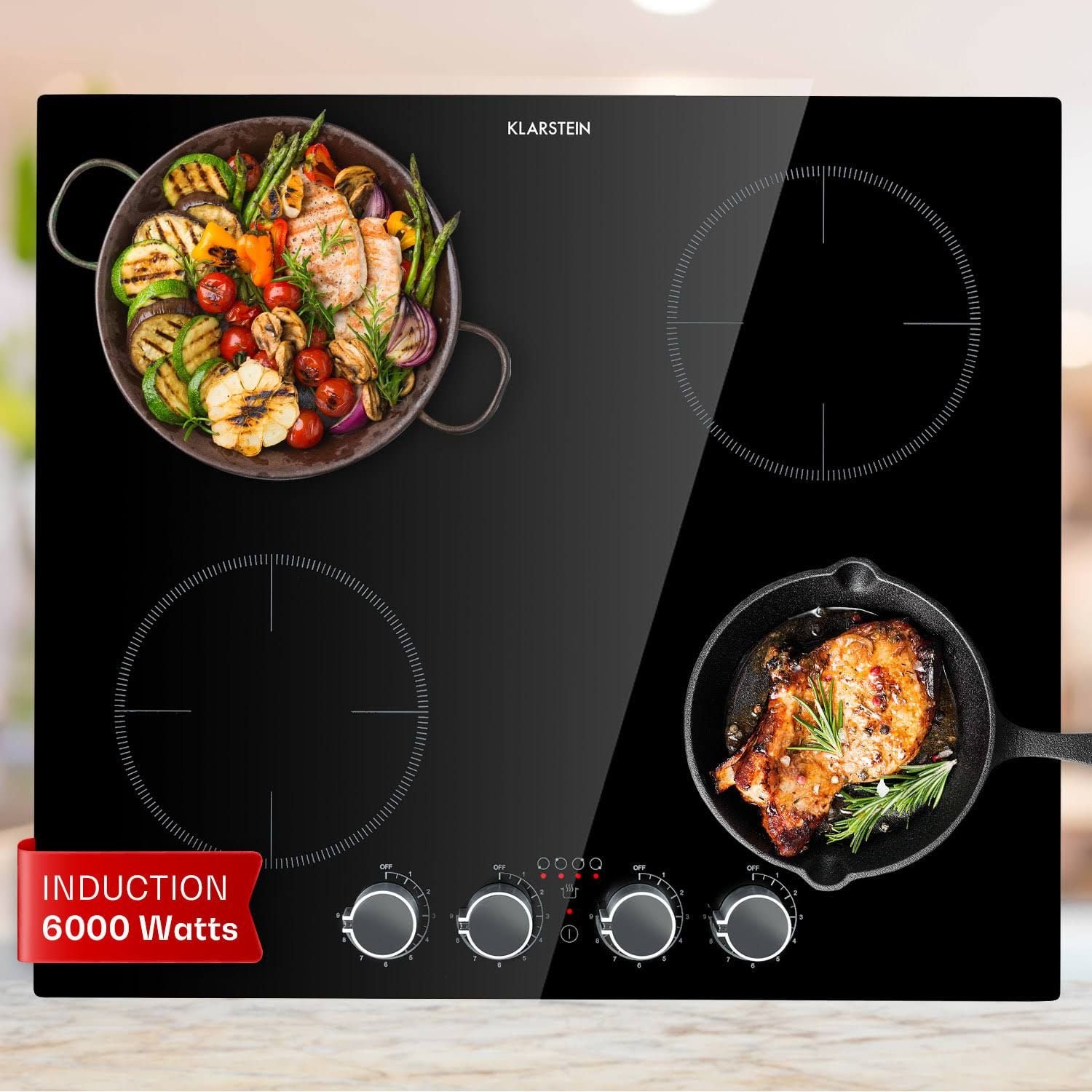 Klarstein Kochheld plaque à induction double 6000W réglage avec bouton rotatif verre noire(Noir)