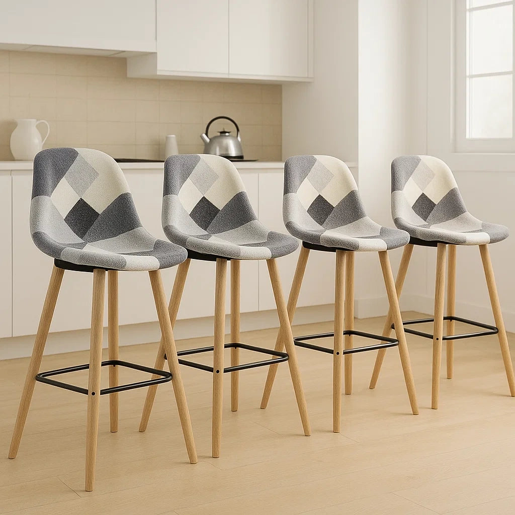 Lot de 4 tabourets de bar tissu patchwork gris/beige pieds bois et structure métallique(Gris/Beige)