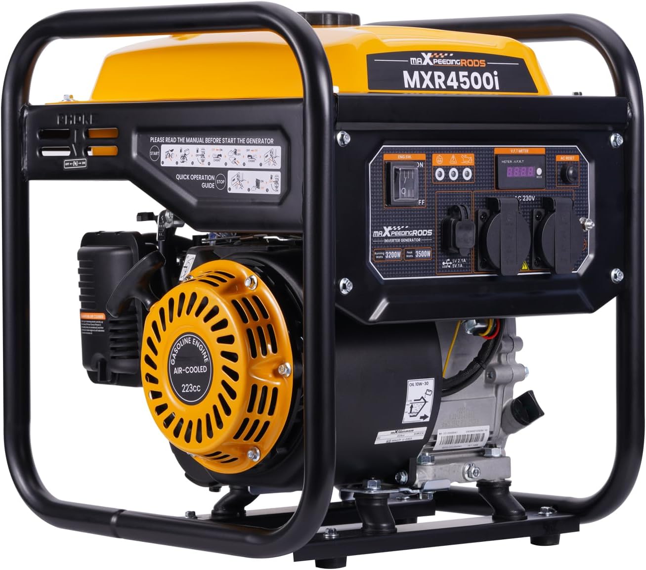 maXpeedingrods 3500W Groupe électrogène à essence 4 temps avec 2 prises 230V et USB Générateur léger et silencieux alimentation de secours pour garage atelier camping maison,26kg léger(Noir/Jaune)