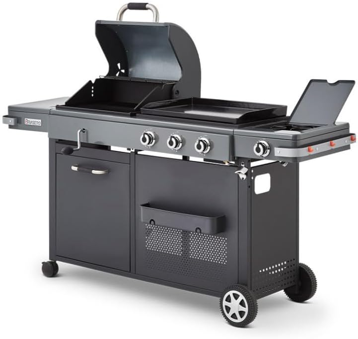 - Barbecue Bi-Energy Gun Metal XL - Barbecue Charbon et Plancha 60 x 42 cm à gaz avec brûleur latéral -12,95 KW(Gris Métallisé)