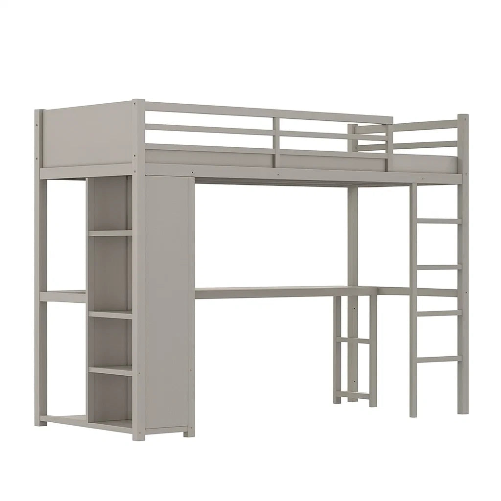 Lit mezzanine en bois de pin gris avec bureau et étagères 200x100x180 cm(Gris)